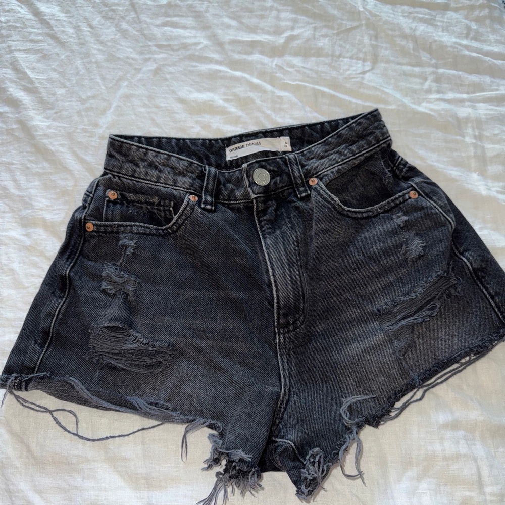 GARAGE Denim Black Jean Shorts Distressed Frayed Hem